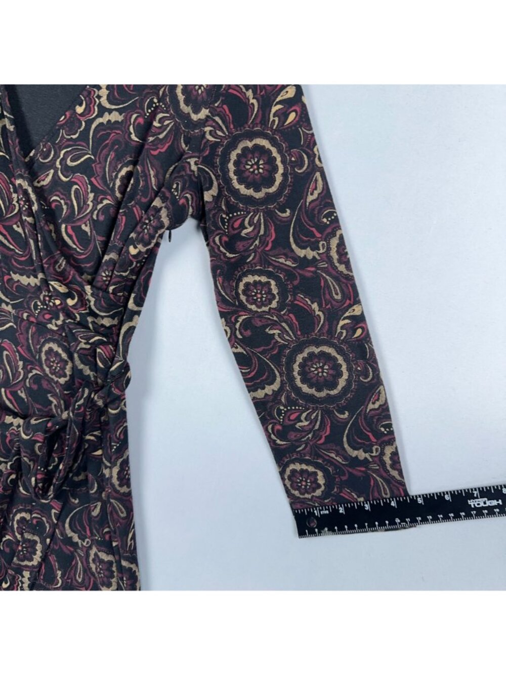 Ann Taylor Loft Wrap Dress Size 8 Floral Print Black Burgundy 3/4 Sleeve Tie Wai - Picture 10 of 11